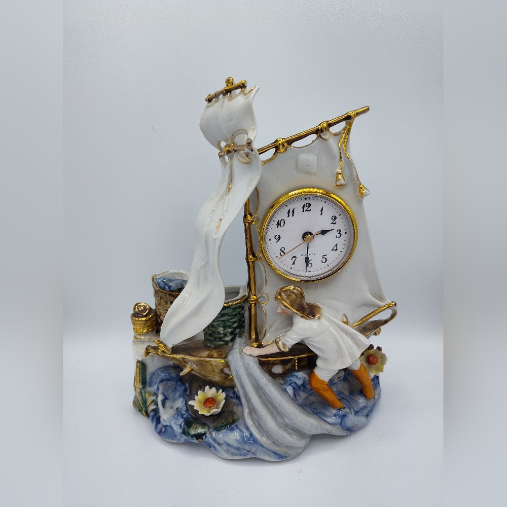 Antique German Porcelain Mantel Clock ⛵ Sailing Ship Figural w/Original Movement